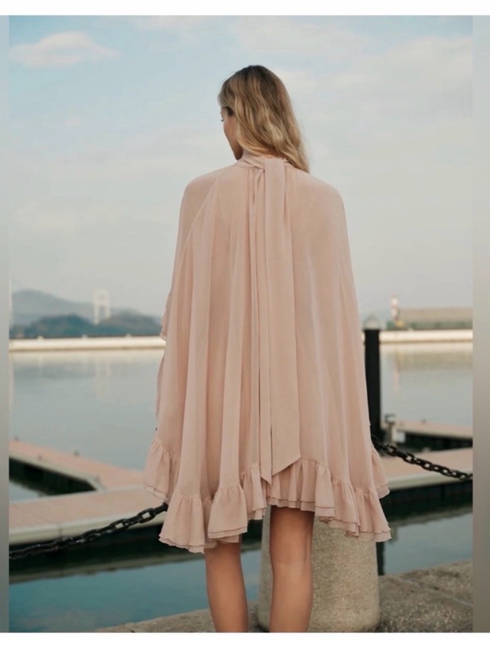 Commense Semi-Sheer Chiffon Ruffle Dress With Outer Cape - Picture 5 of 16